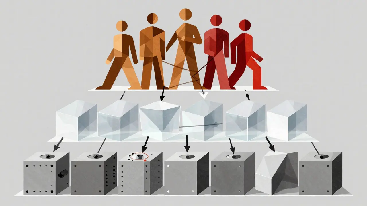 Cubist illustration of layered workflow tiers from automation to human review