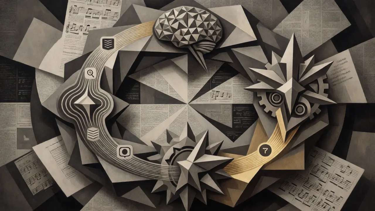 Cubist illustration of the ReAct loop, featuring reasoning, tools, and memory in a geometric cycle.