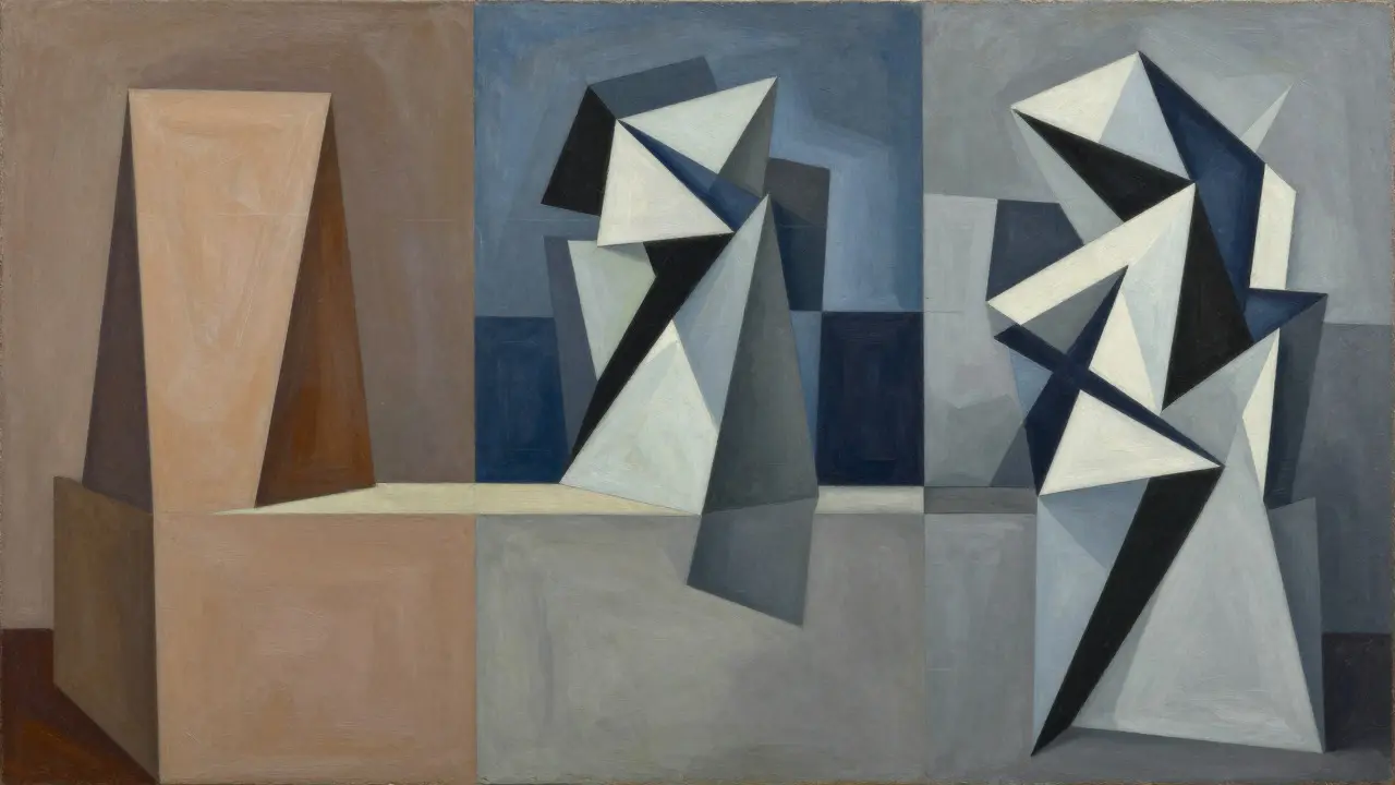 Cubist painting depicting three phases of learning through layered geometric complexity