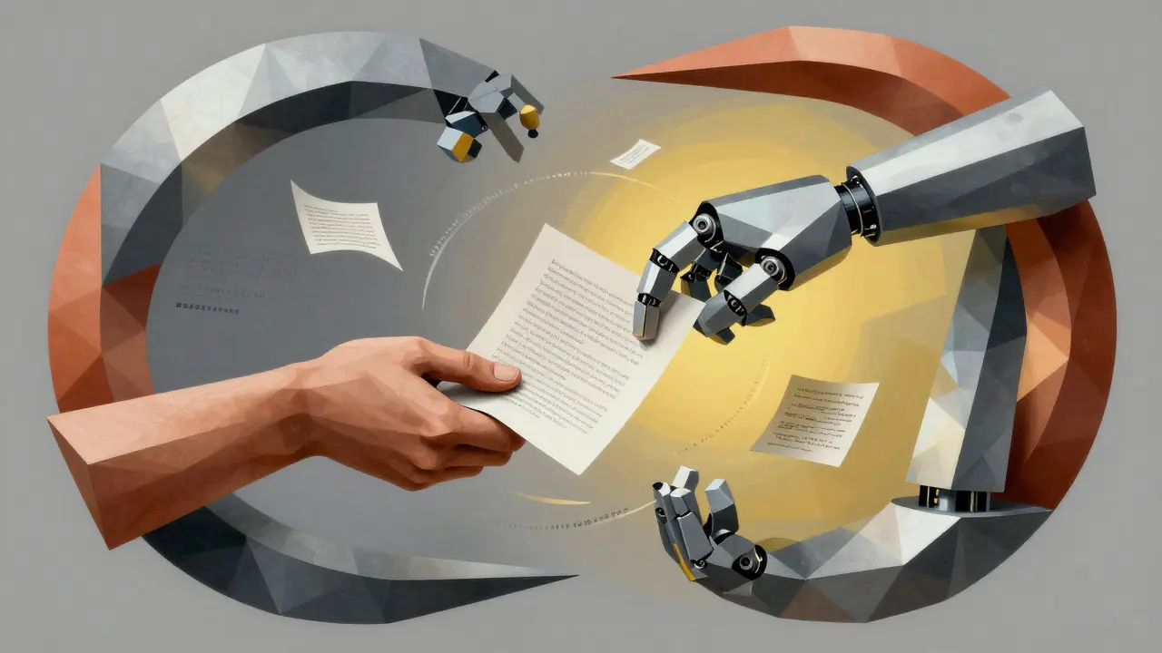 Cubist painting of human and machine exchanging data in a feedback loop
