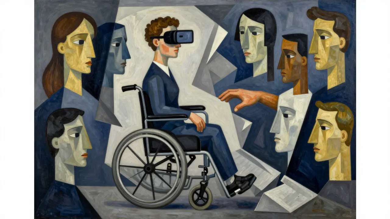 Cubist portrait of a fragmented wheelchair ramp with diverse abstract faces