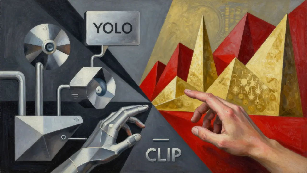 Cubist scene blending mechanical AI tools with human hands