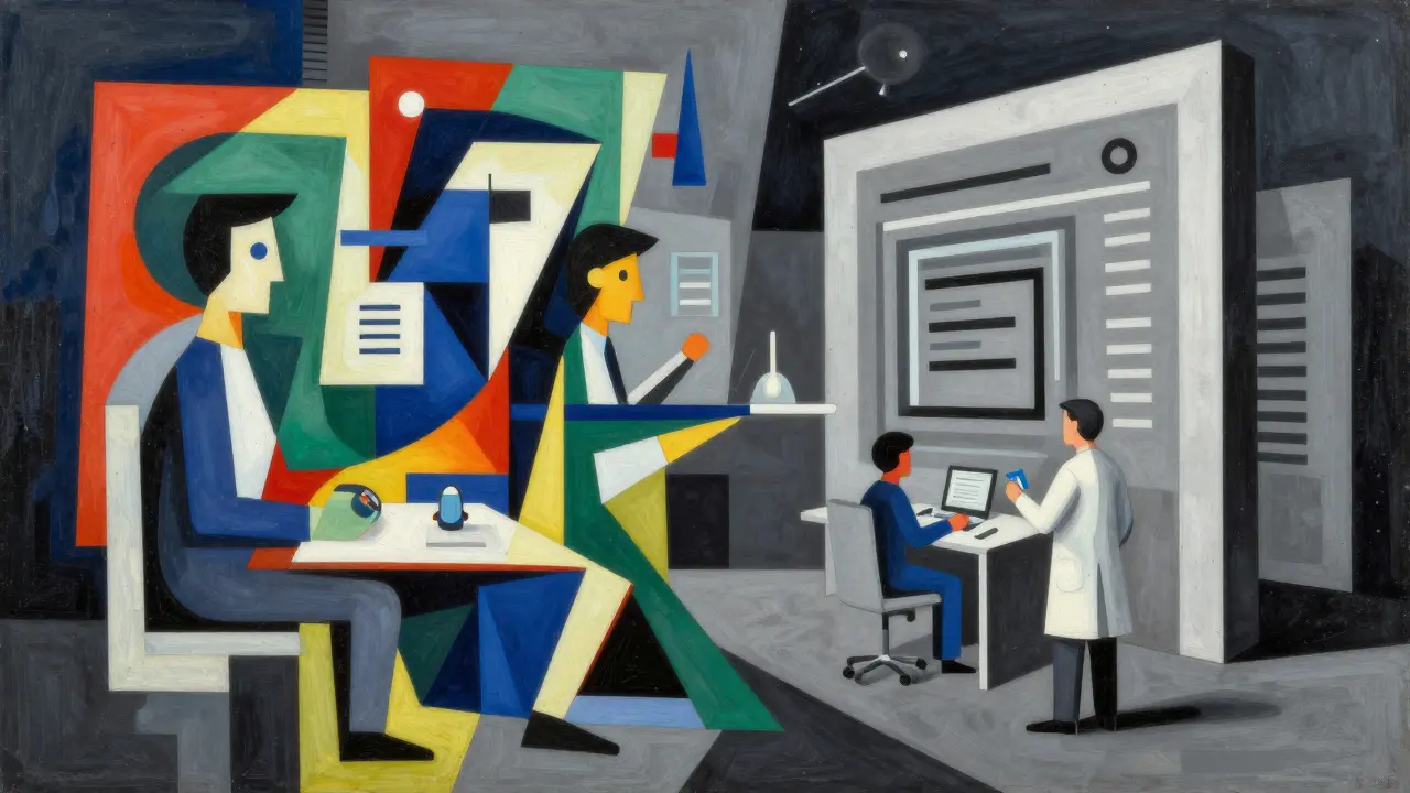 Cubist scene contrasting chaotic AI code with structured security blocks