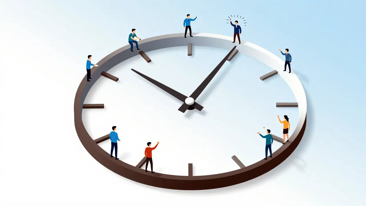 Cubist spiral clock face with abstract figures illustrating a phased implementation roadmap