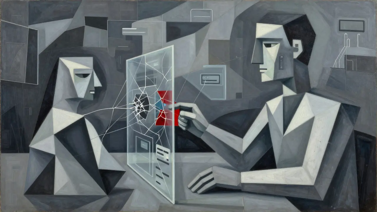 Cubist view of a human figure overseeing an AI system with error-checking panels