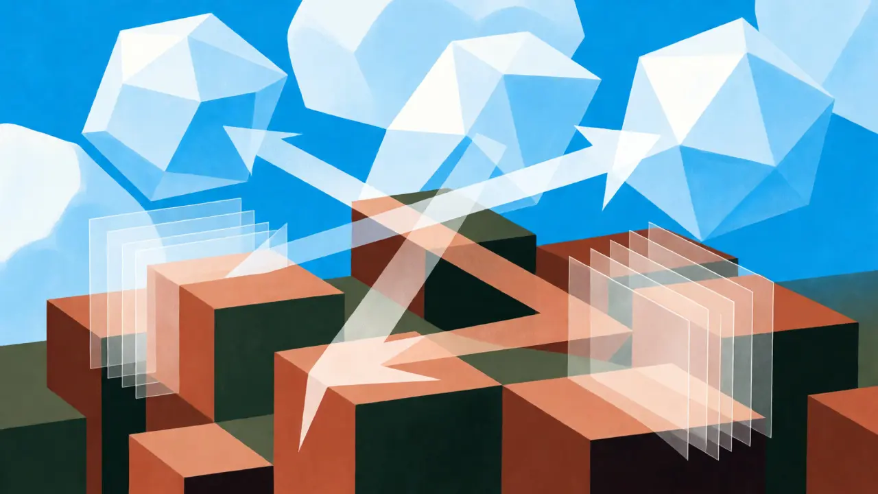 Cubist visualization of hybrid AI systems balancing local privacy and cloud scalability.