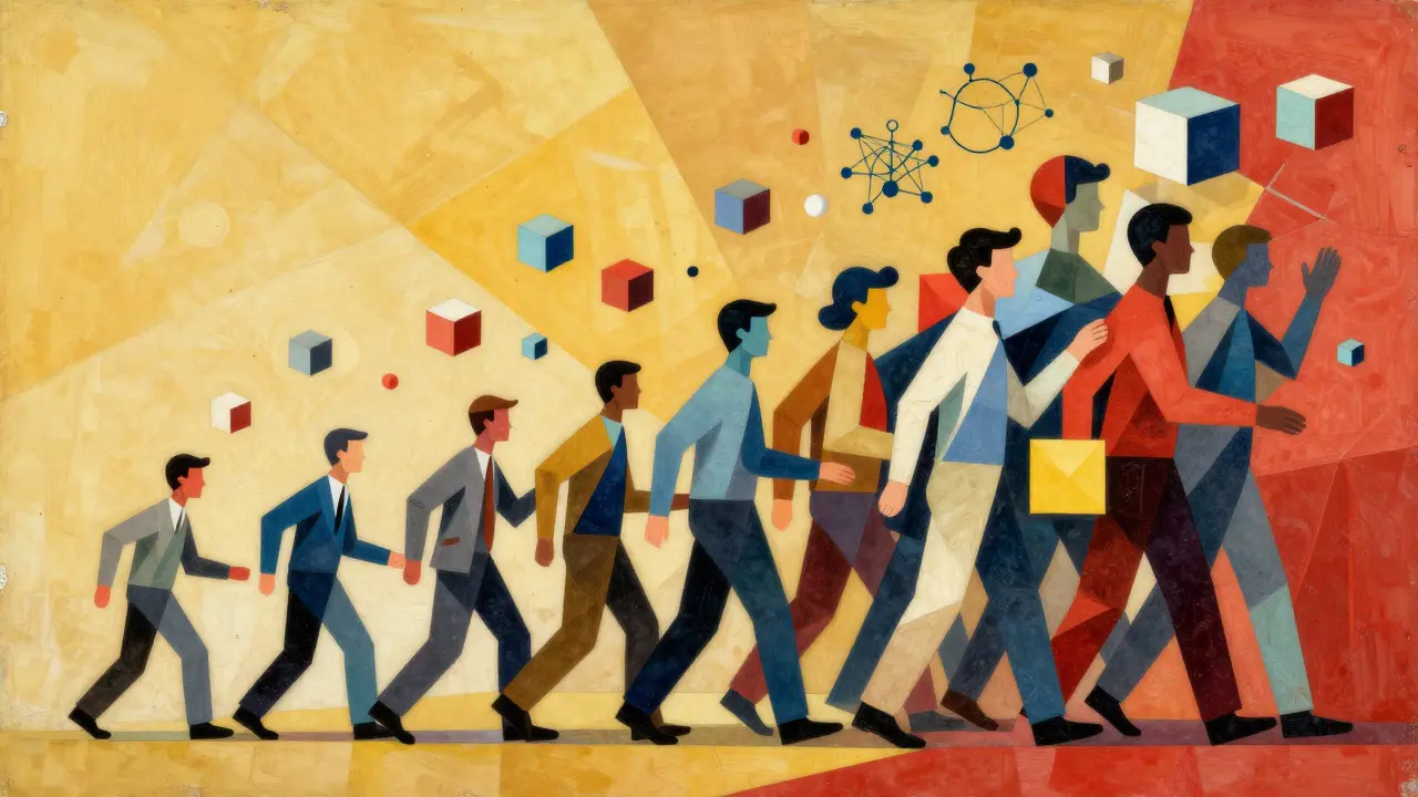 Fragmented cubist scene showing human-AI collaboration and business scaling.