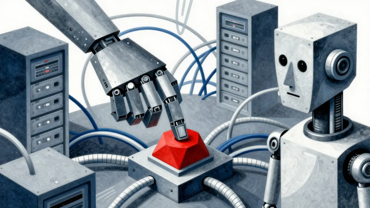 Geometric art showing a mechanical hand pressing a red kill switch among tangled digital wires.