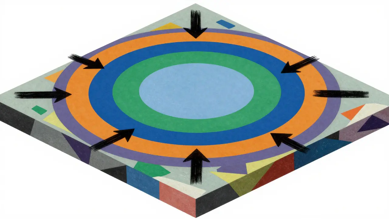 Geometric cubist art showing three-layer clean architecture structure