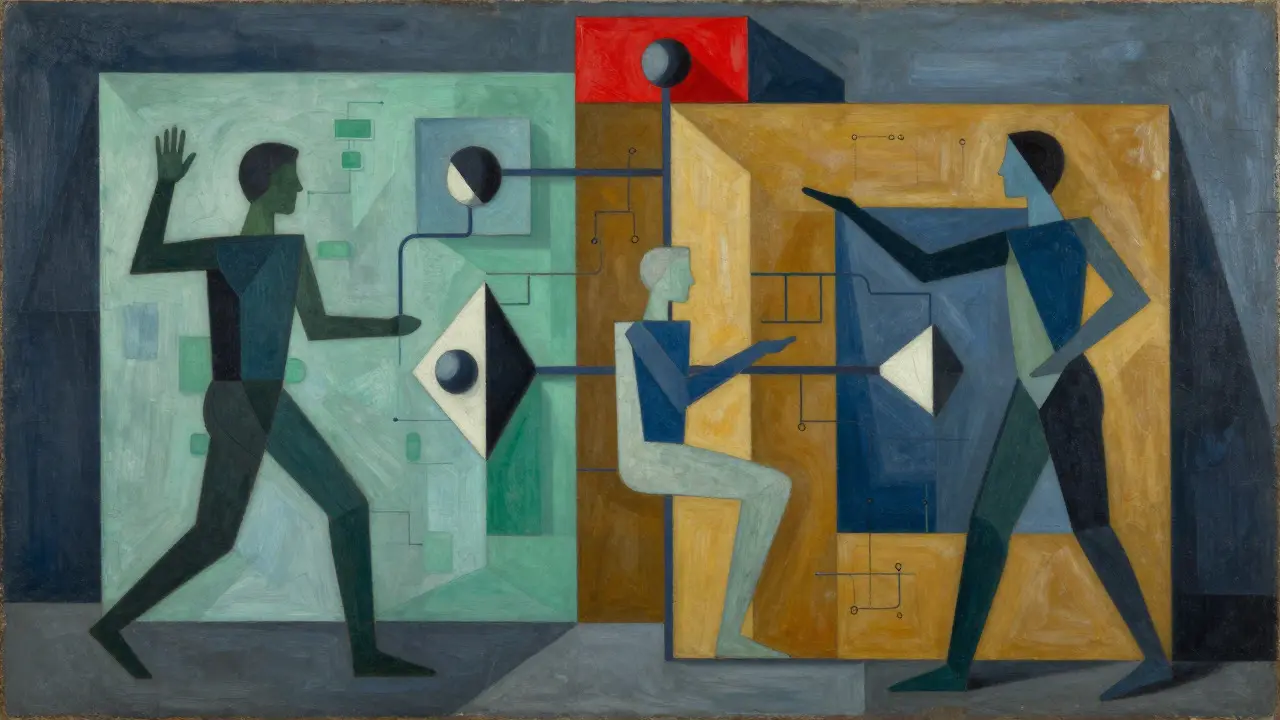 Geometric Cubist composition of segmented AI task portfolios and strategies.