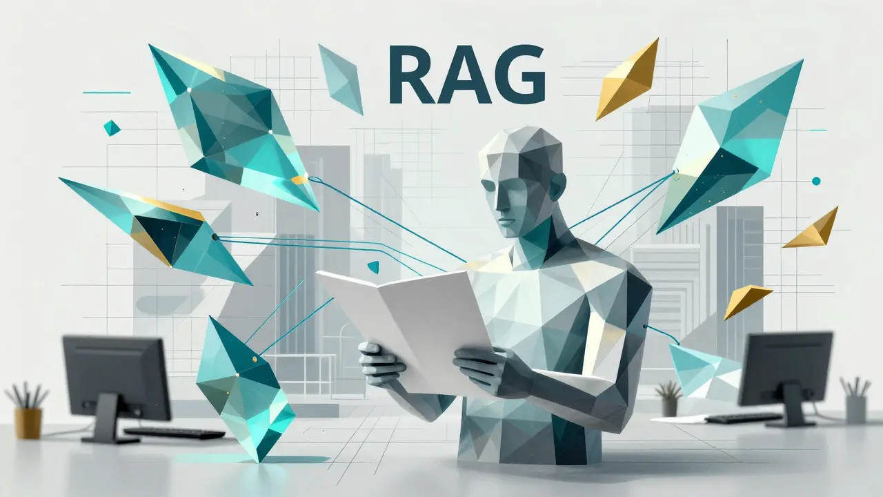 Geometric cubist depiction of AI data integration and accurate retrieval.