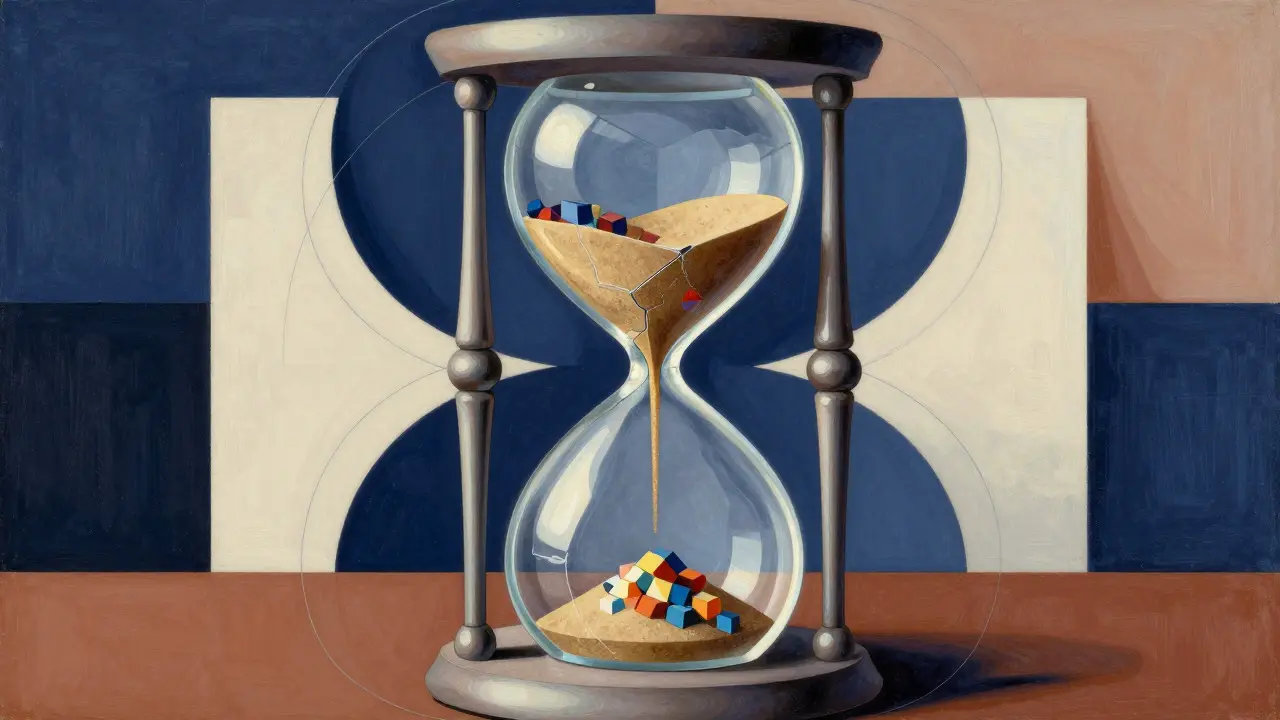 Geometric cubist hourglass with flowing blocks illustrating length penalty mechanics