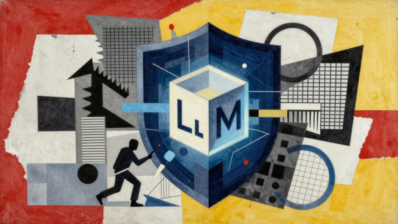 Synthetic Cubism collage of layered geometric shields protecting a central AI core