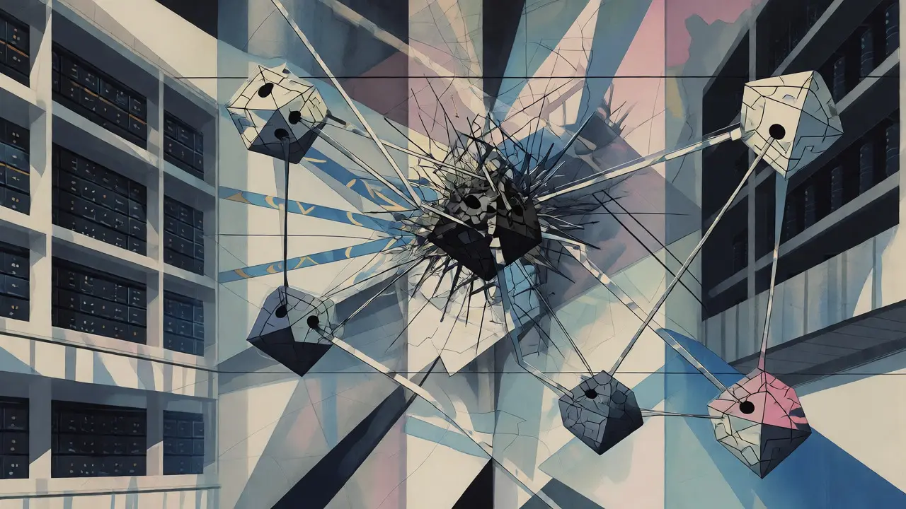 Abstract Cubist art showing vector worms spreading corruption across interconnected AI nodes.