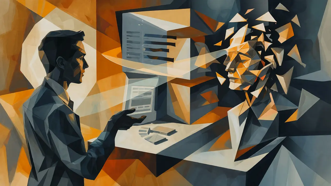 Abstract cubist depiction of a user and AI collaborating to build software.