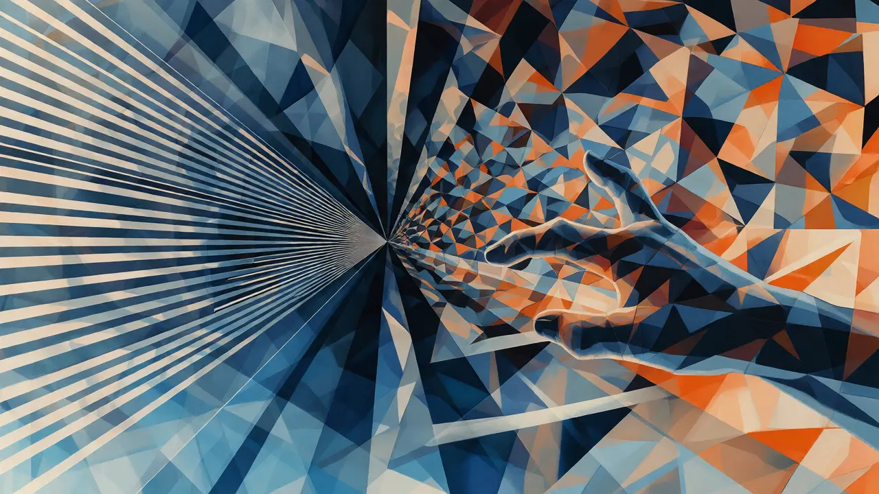 Abstract cubist representation of probabilistic AI outputs branching from a single input.