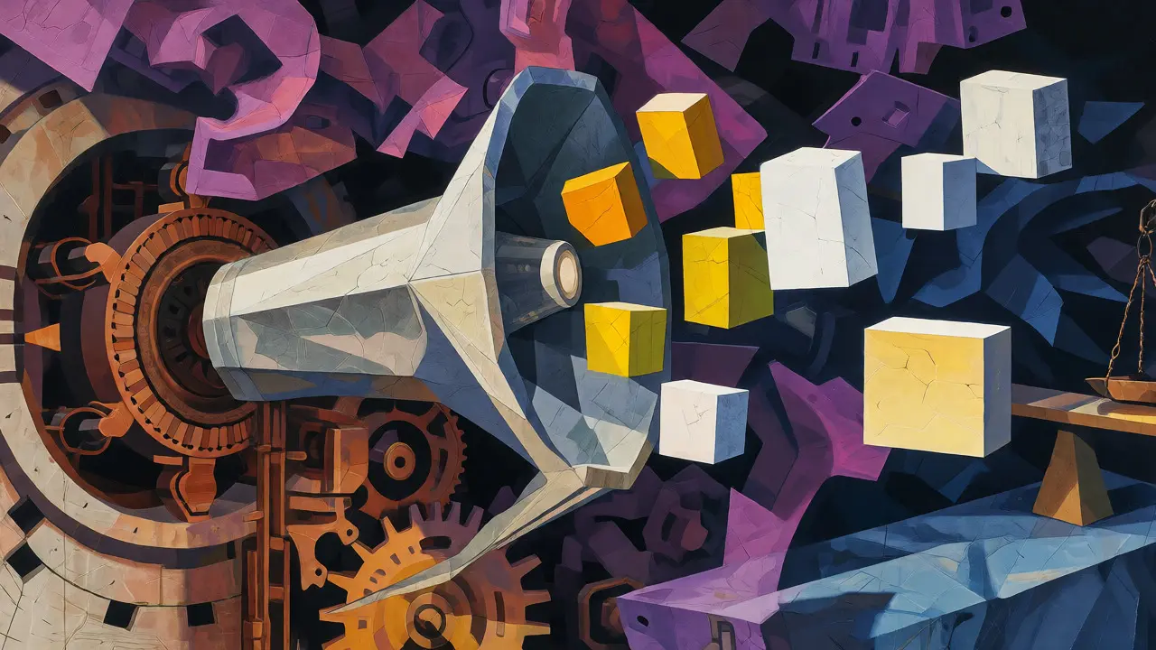 Abstract cubist scene of a mechanical voice emitting solid confidence blocks.