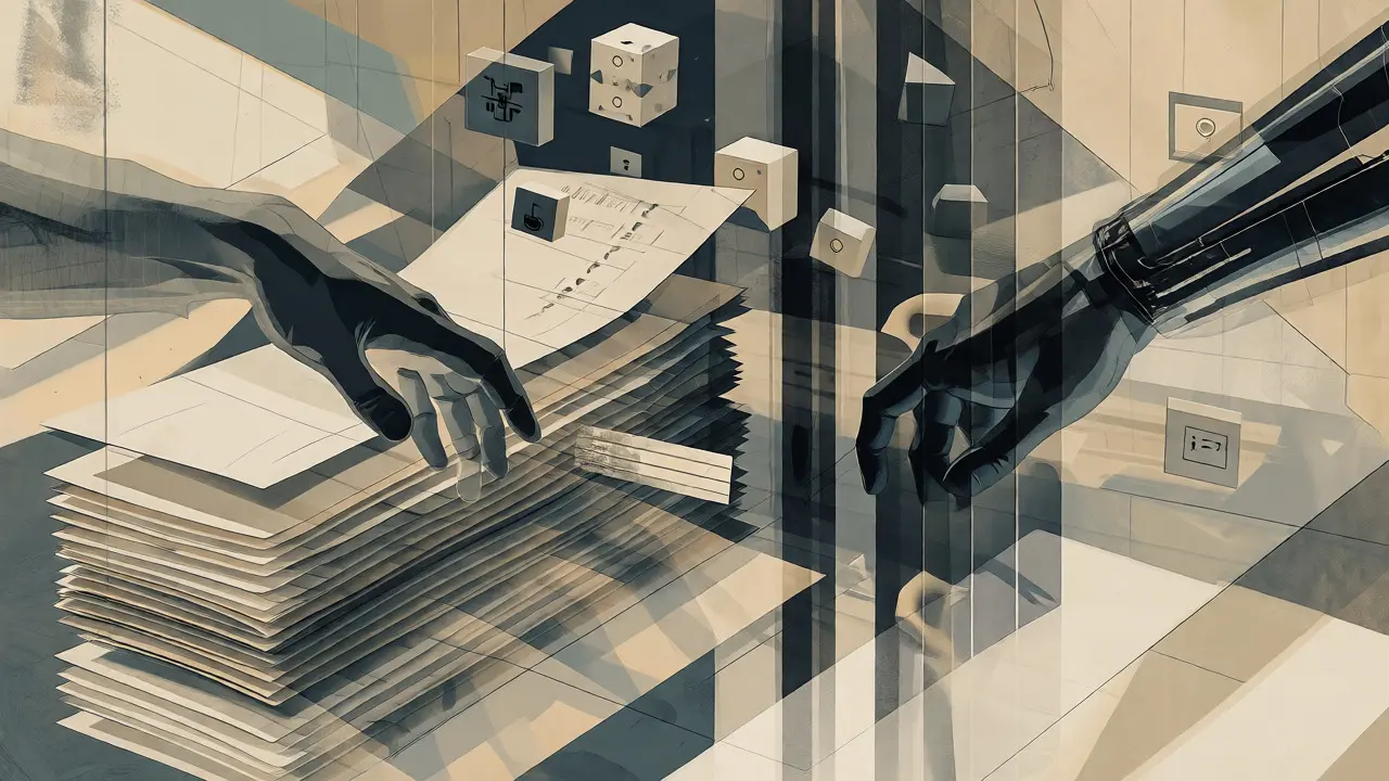 Abstract Cubist scene representing audit trails and accountability in AI coding pipelines.