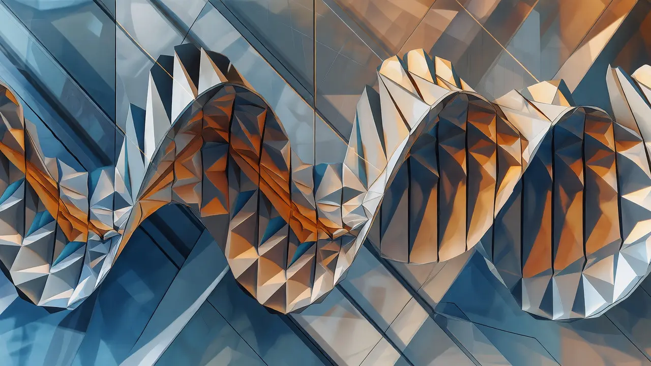 Abstract cubist sine waves represented as faceted twisting ribbons.