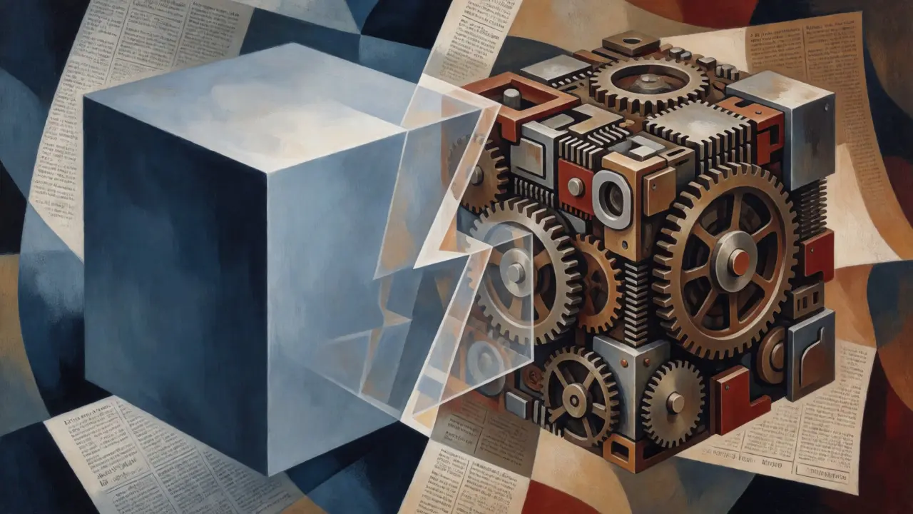 Cubist art contrasting smooth API blocks with complex open-source machinery.