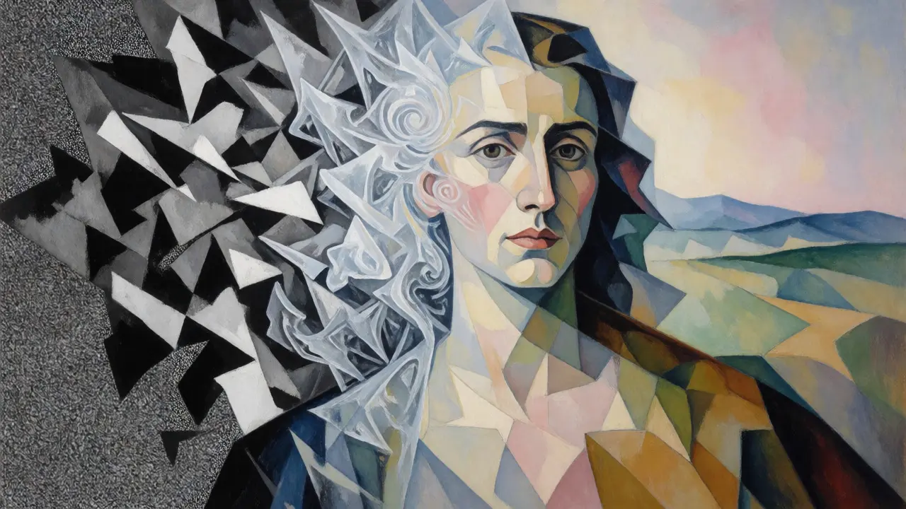 Cubist art showing a fragmented image emerging from chaotic static noise, symbolizing diffusion model denoising.