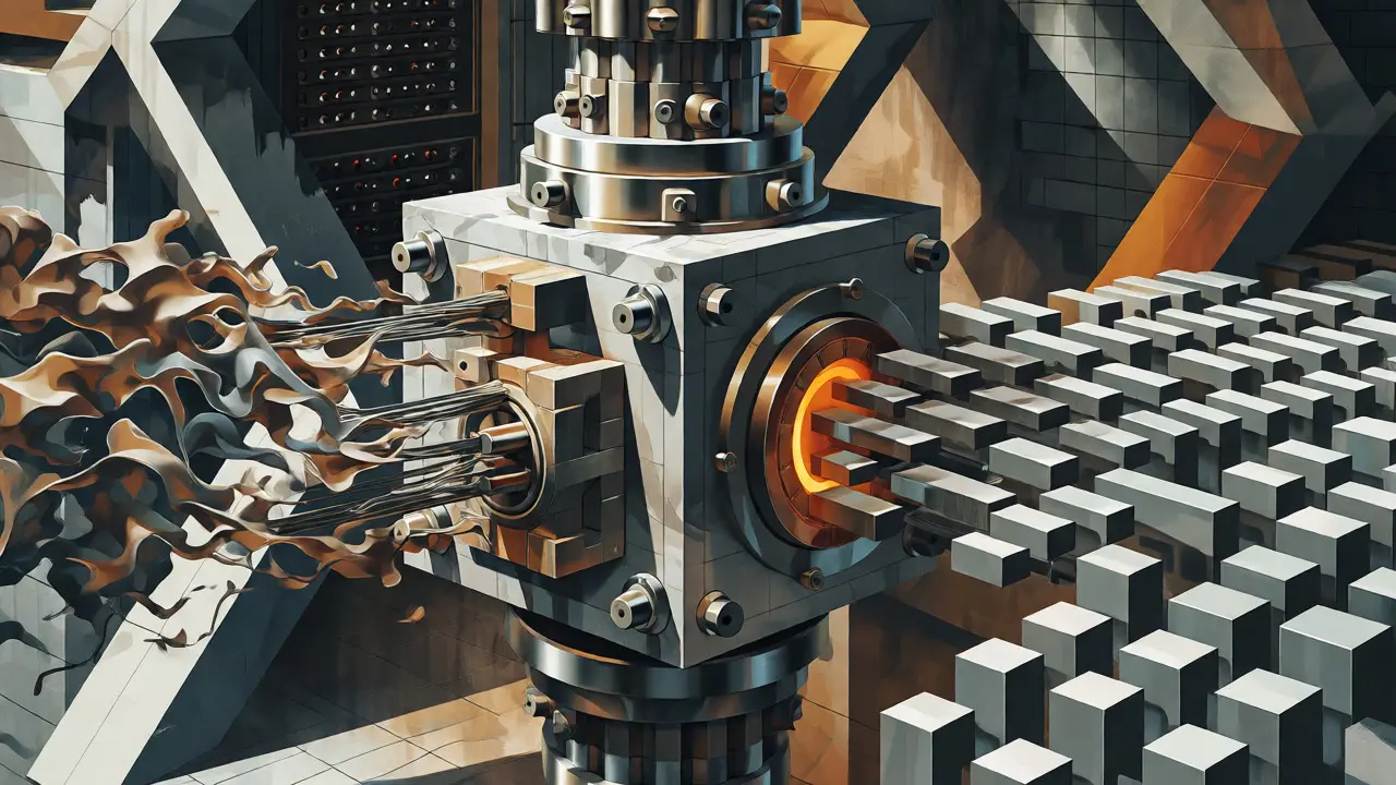 Cubist art showing data streams transforming into secure blocks via a mechanical vault