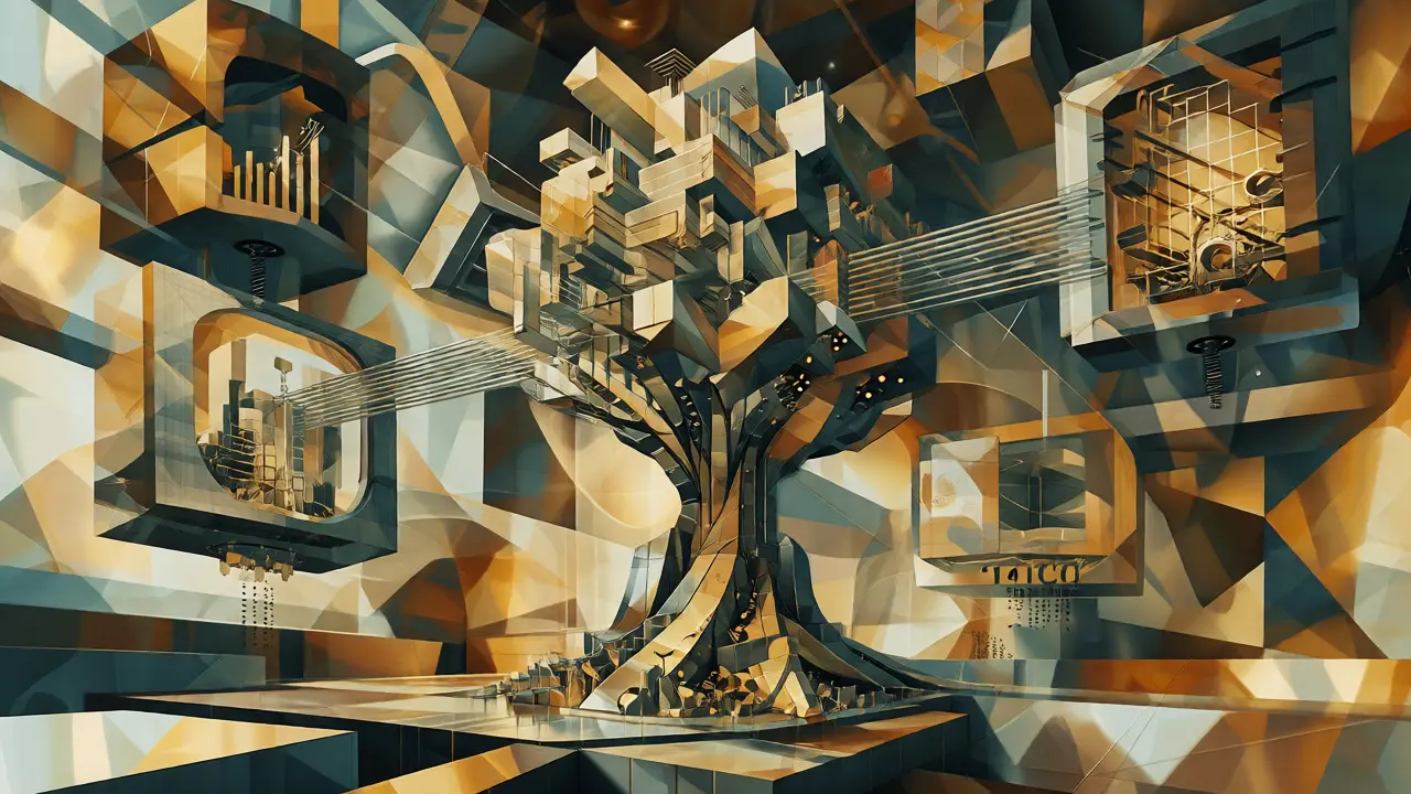 Cubist artwork of a metallic geometric tree symbolizing growing AI markets and adaptive constraints.