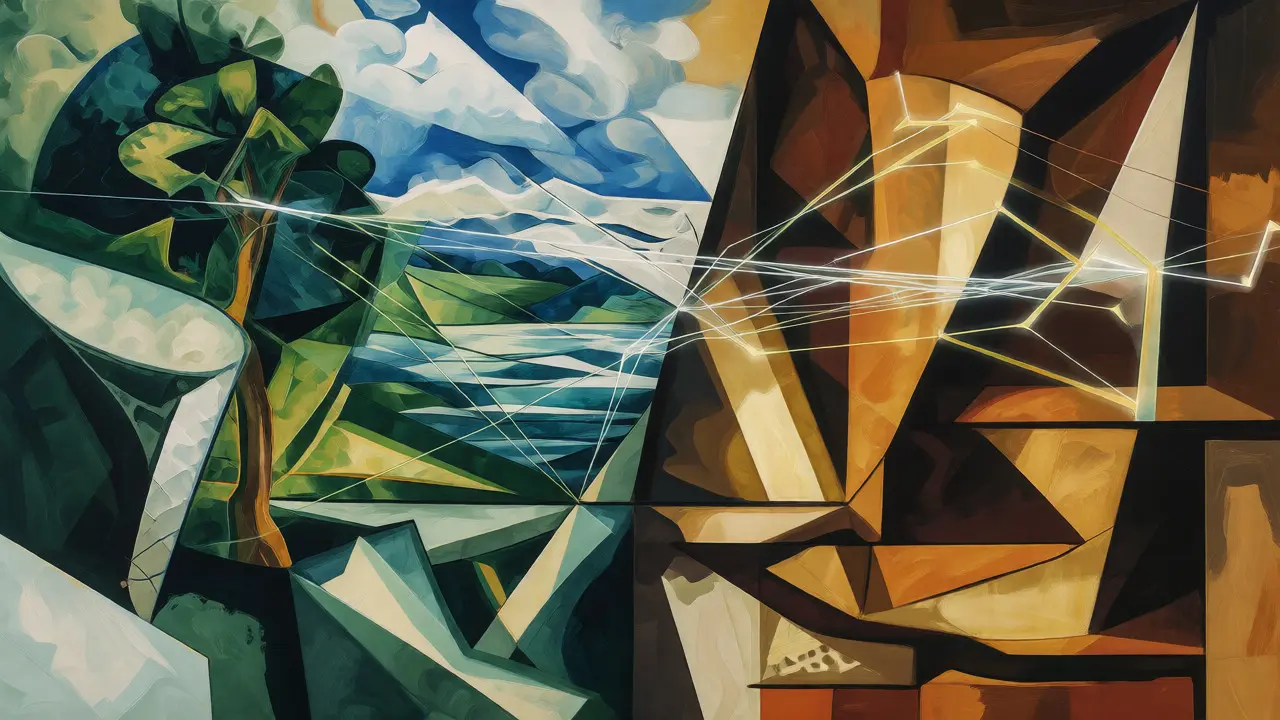 Cubist artwork showing text fragments connecting to visual elements via attention threads.