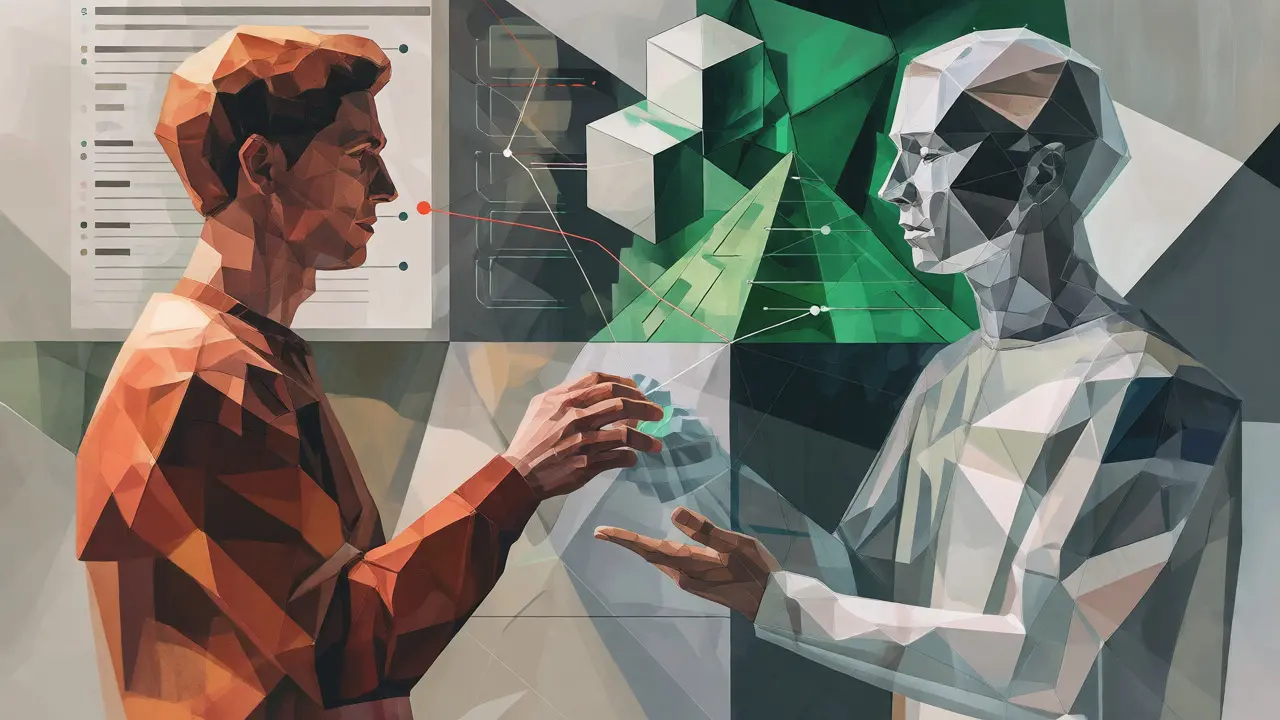 Cubist depiction of a human and AI agent collaborating on project context.