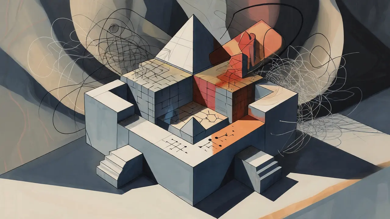 Cubist depiction of a solid geometric core enforcing rules amidst chaotic data streams.