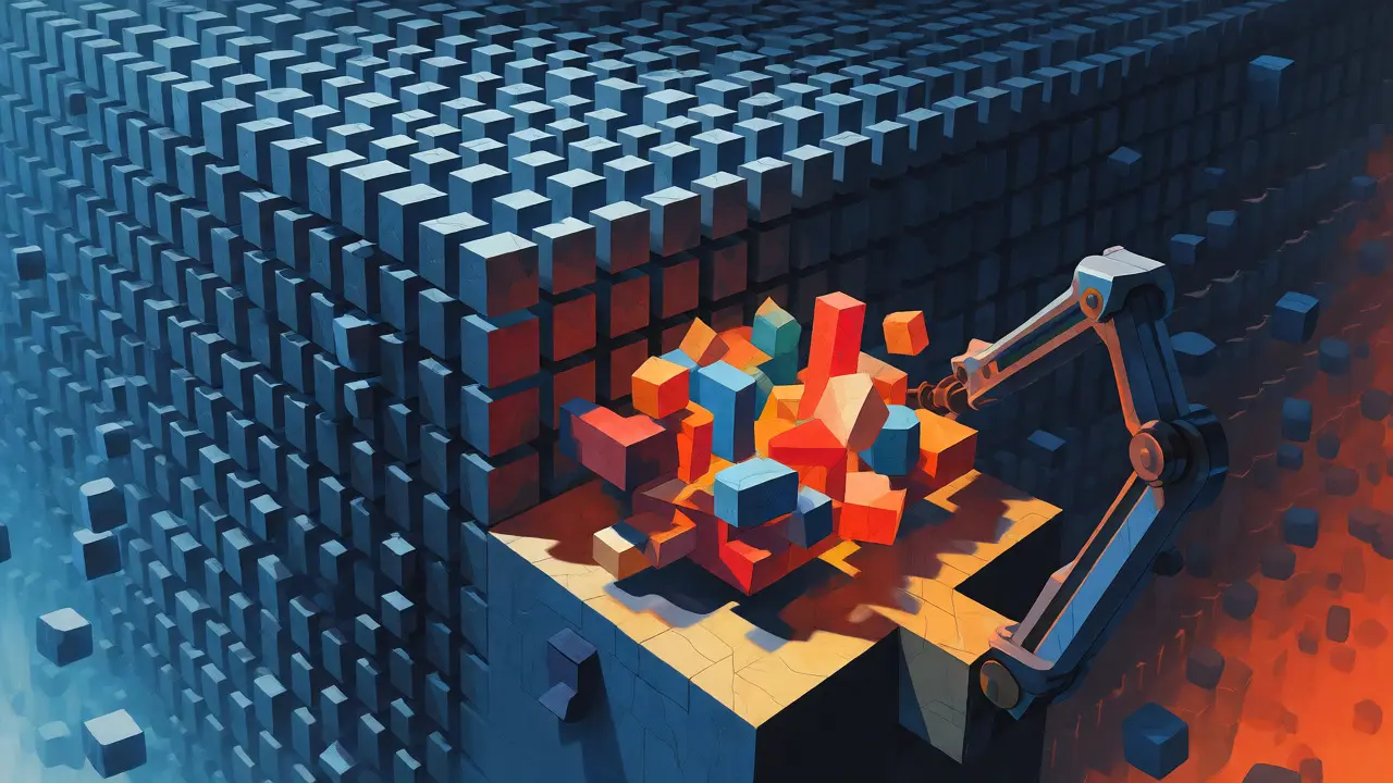 Cubist depiction of massive pretraining and precise fine-tuning phases