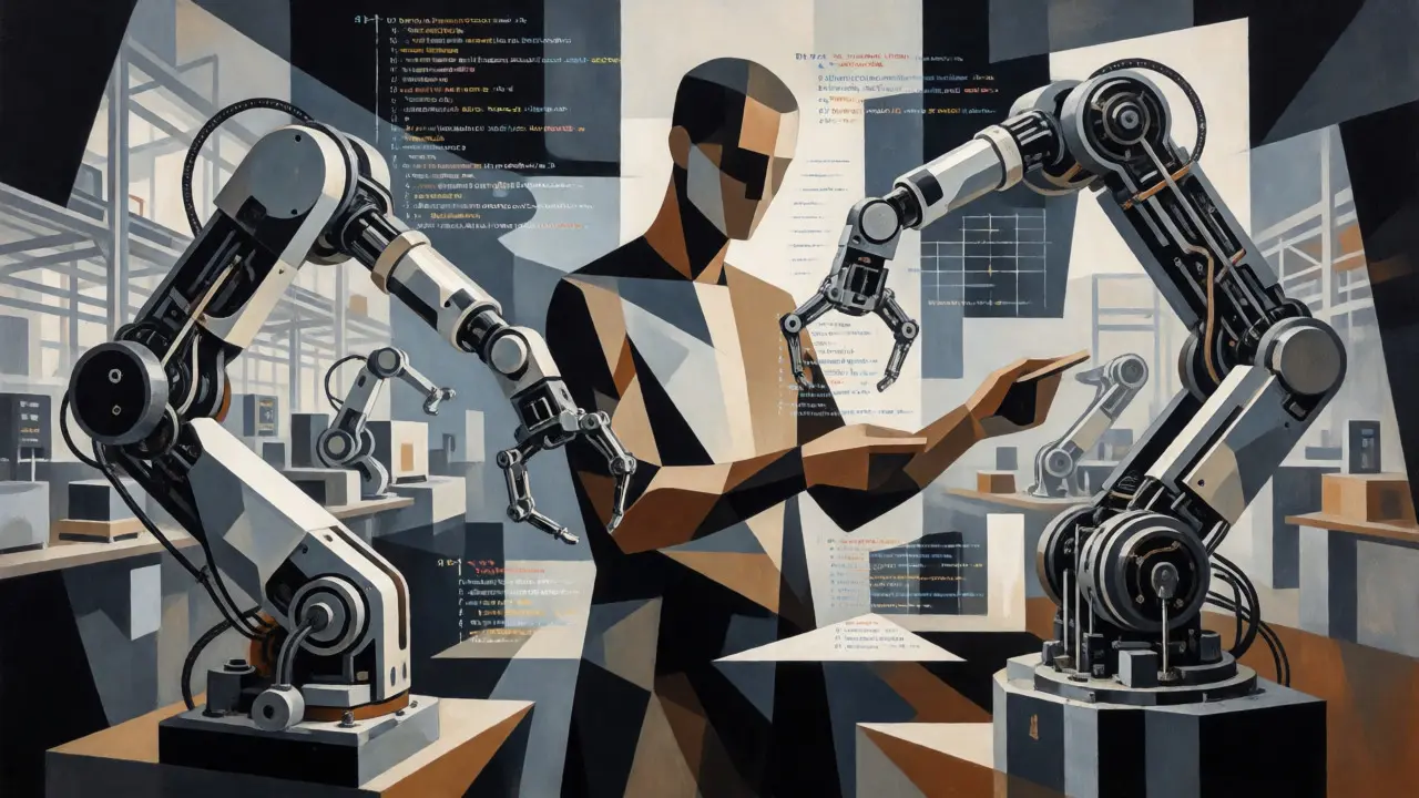 Cubist fusion of robotic arms and code, representing physical AI and human governance.