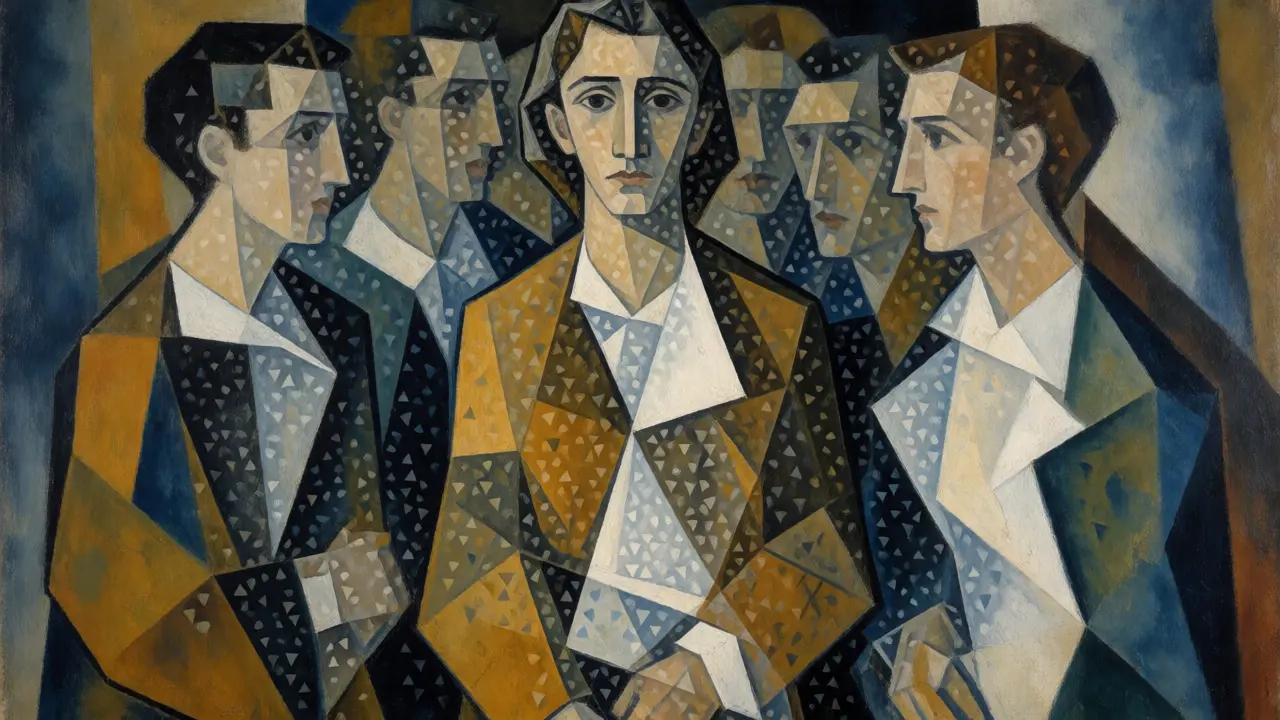 Cubist illustration of anonymized crowd figures obscured by statistical noise.