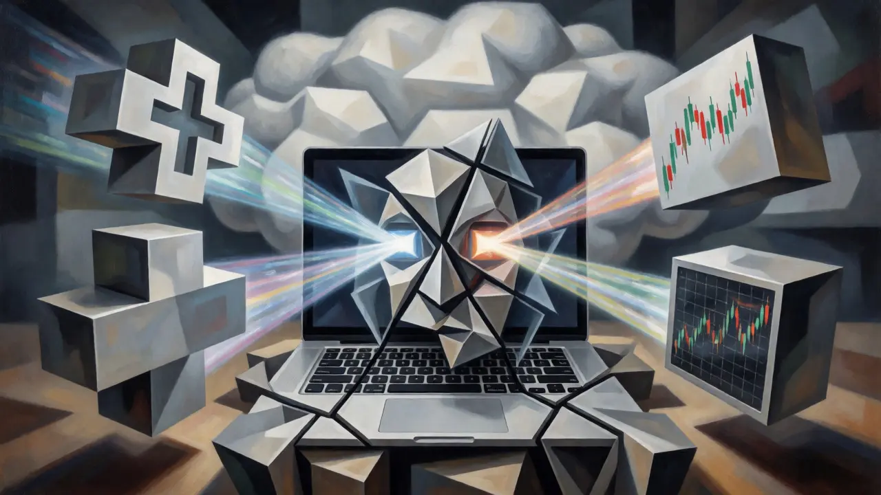 Cubist illustration of edge AI connecting developers to specialized domain models instantly.