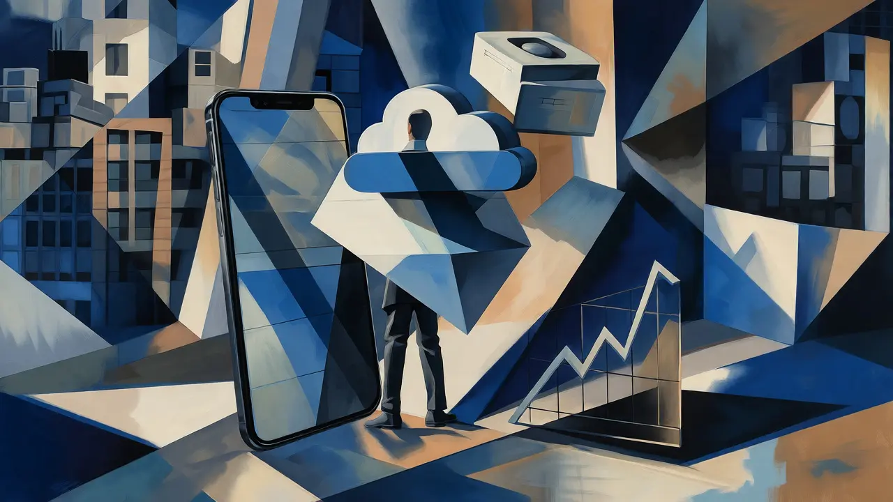 Cubist painting of a business owner launching a real application from fragments.