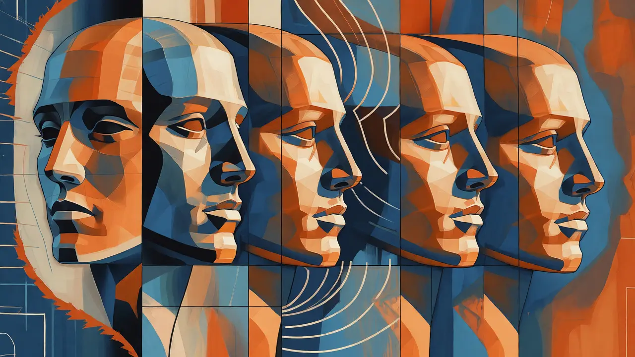 Cubist painting of multiple overlapping faces connected by lines, illustrating brand consistency.