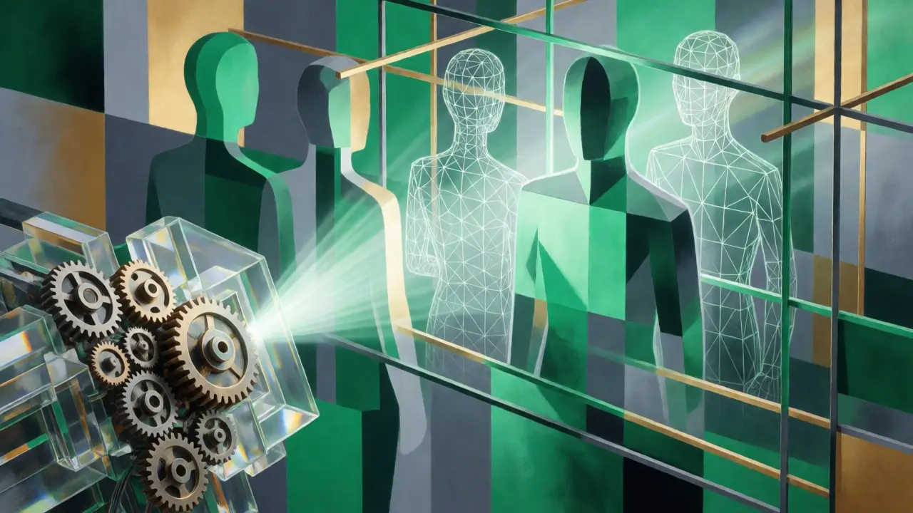 Cubist rendering of synthetic human silhouettes generated under governance frameworks.