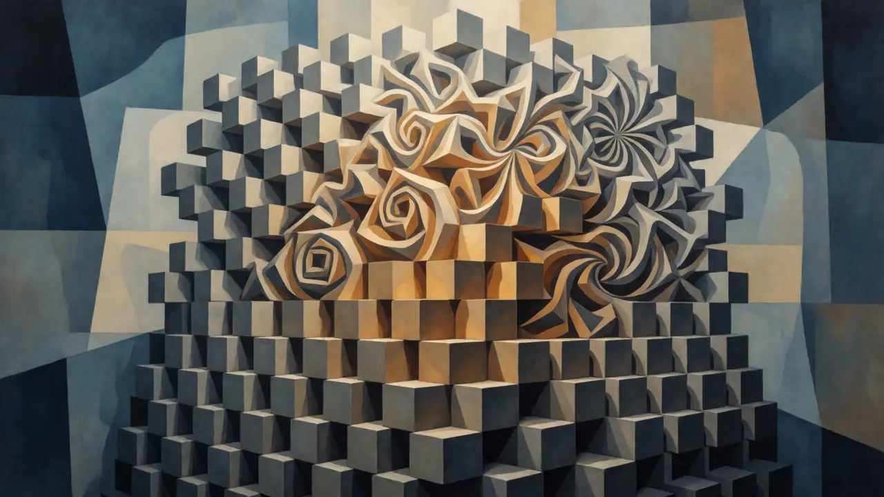 Cubist tower of repeating blocks transforming into dynamic, complex reasoning structures at the top.