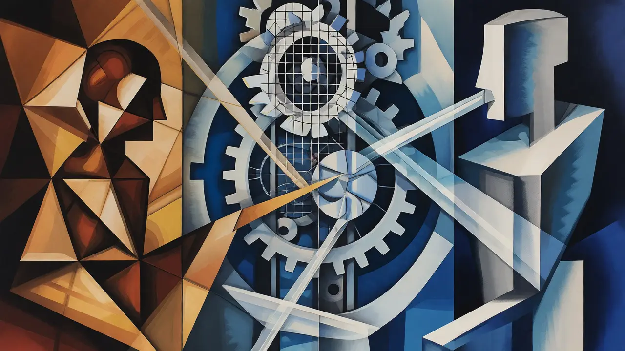 Cubist triptych illustrating the separation of prompt engineer, validator, and gatekeeper.