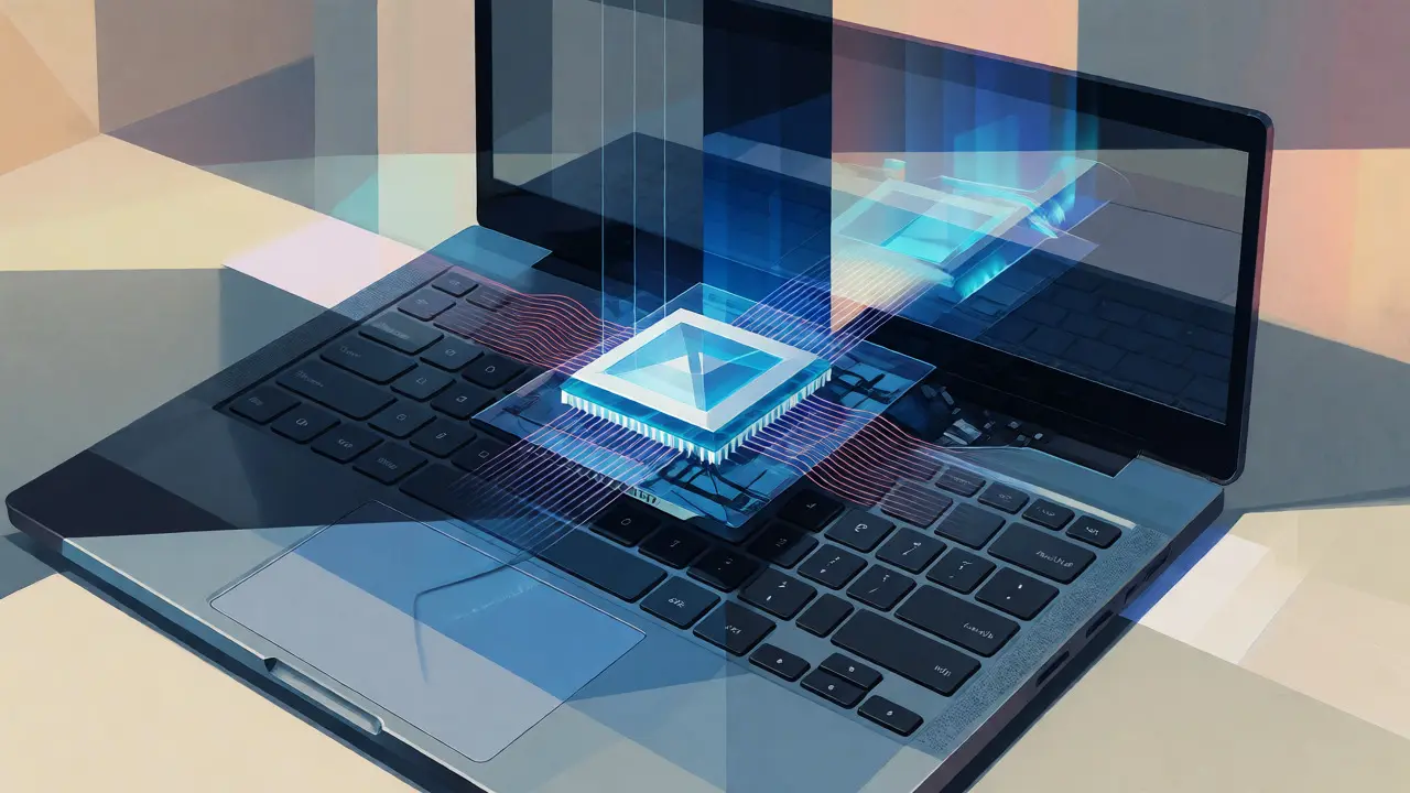 Geometric art of a laptop highlighting its efficient NPU chip