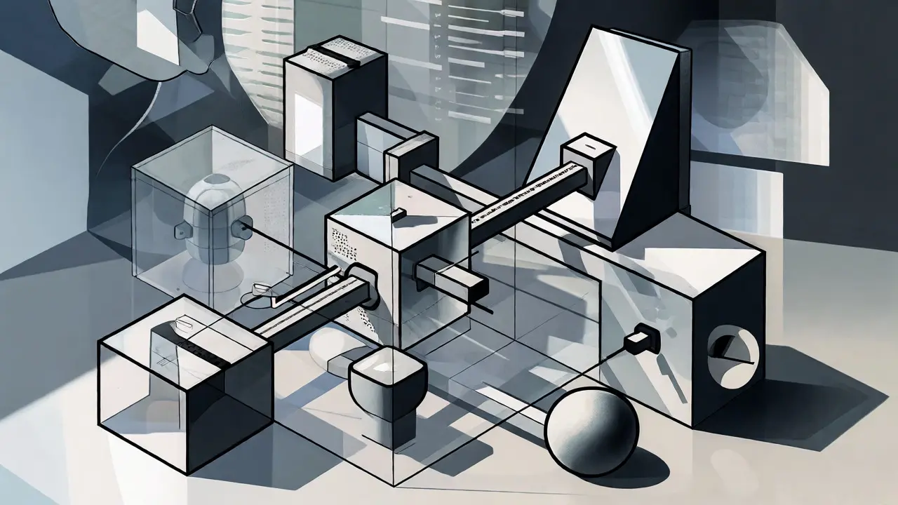 Geometric Cubist still life representing organized LLM playbooks and governance.