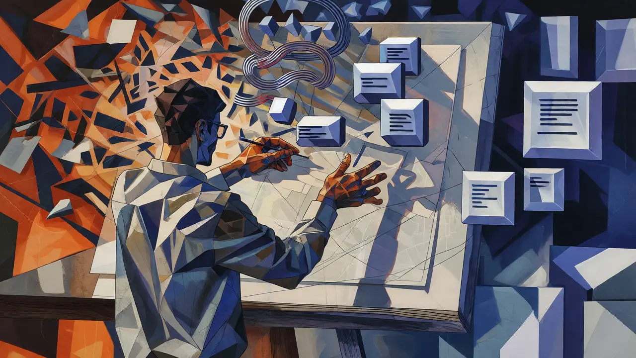Geometric figure curating chaotic code fragments into ordered stacks using Cubist art.