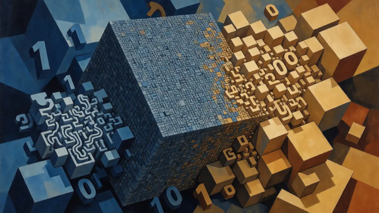 Geometric visualization of vocabulary size versus memory usage using contrasting block structures and split numbers.