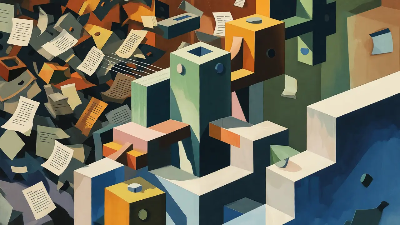 Interlocking geometric shapes bridging chaotic fragments to solid knowledge blocks
