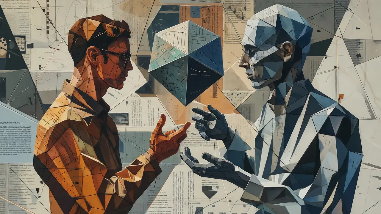 Interlocking human and AI figures examining data polyhedrons