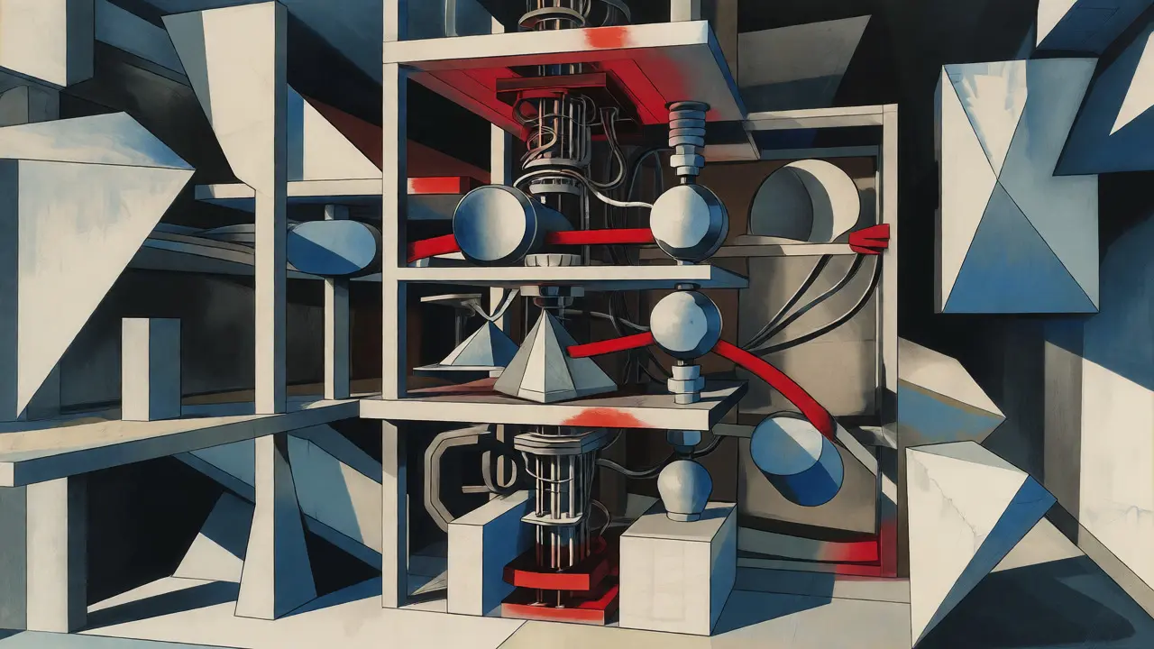 Strained geometric machinery showing stress points in AI-generated architecture.