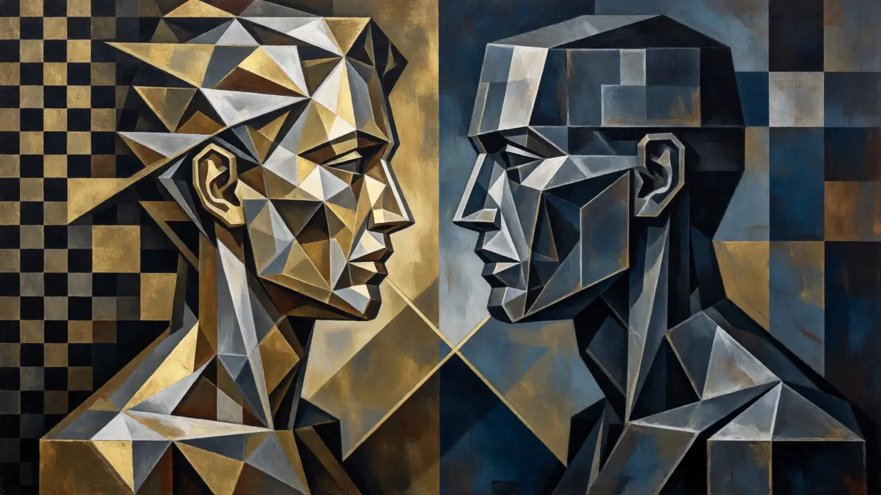 Two cubist geometric figures facing off, representing the adversarial duel between GAN generator and discriminator.