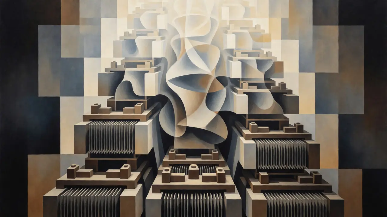 Vertical stack of cubist shapes transitioning from rigid syntax patterns to abstract semantic concepts.
