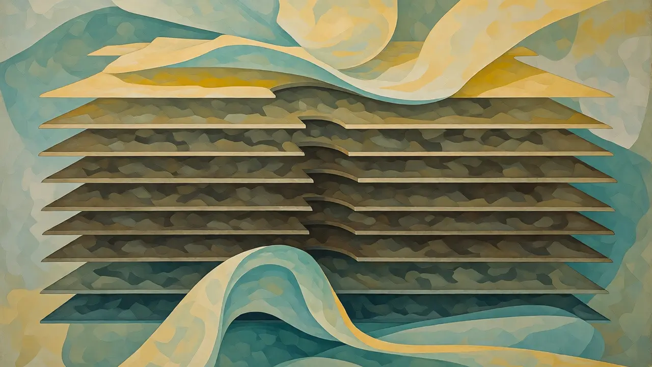 Abstract cubism illustrating frozen middle layers in a neural network