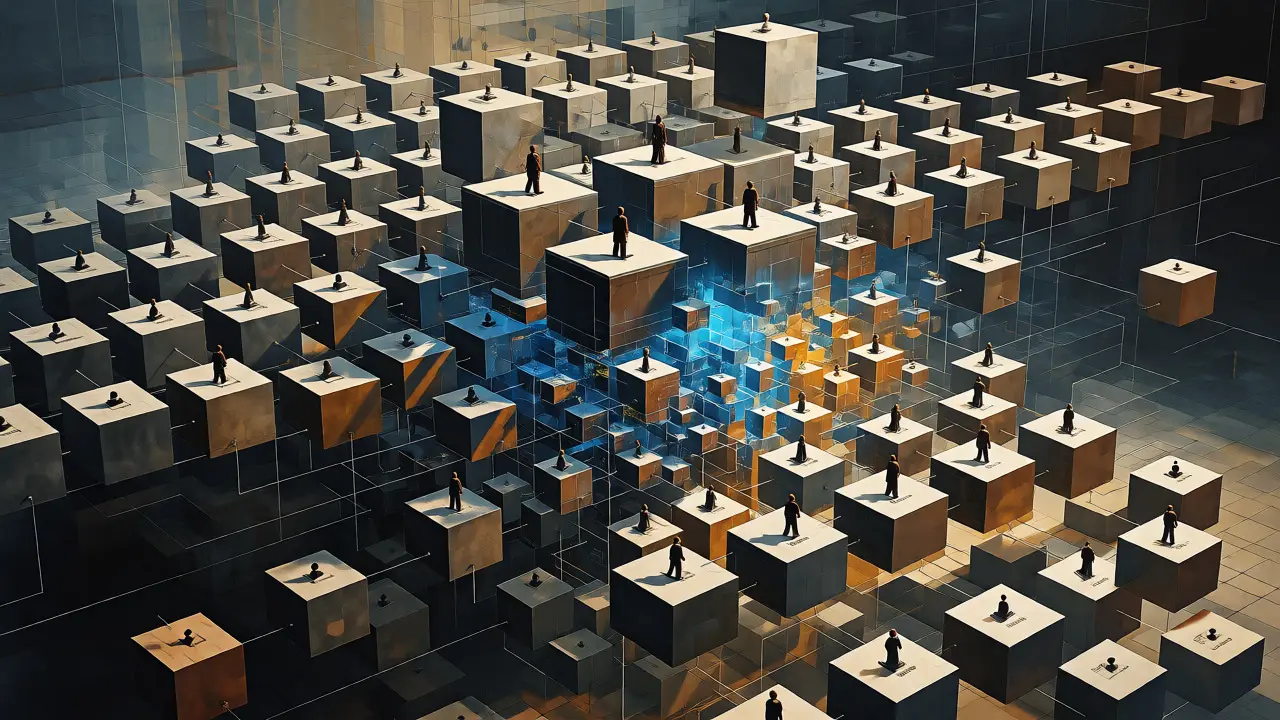 Abstract cubist depiction of breaking management hierarchies into connected nodes.
